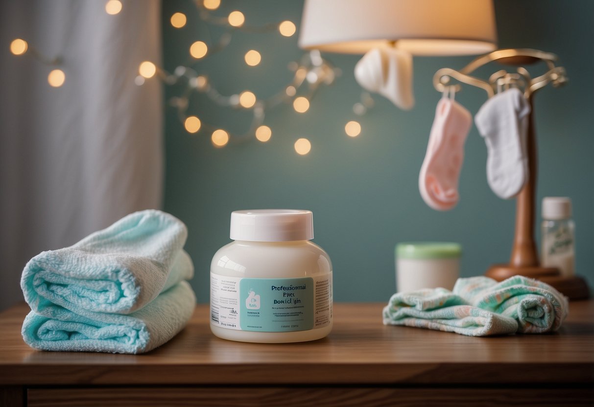 A changing table with diapers, wipes, diaper rash cream, and a diaper pail. A baby's onesie and tiny socks lay nearby. A soothing mobile hangs above