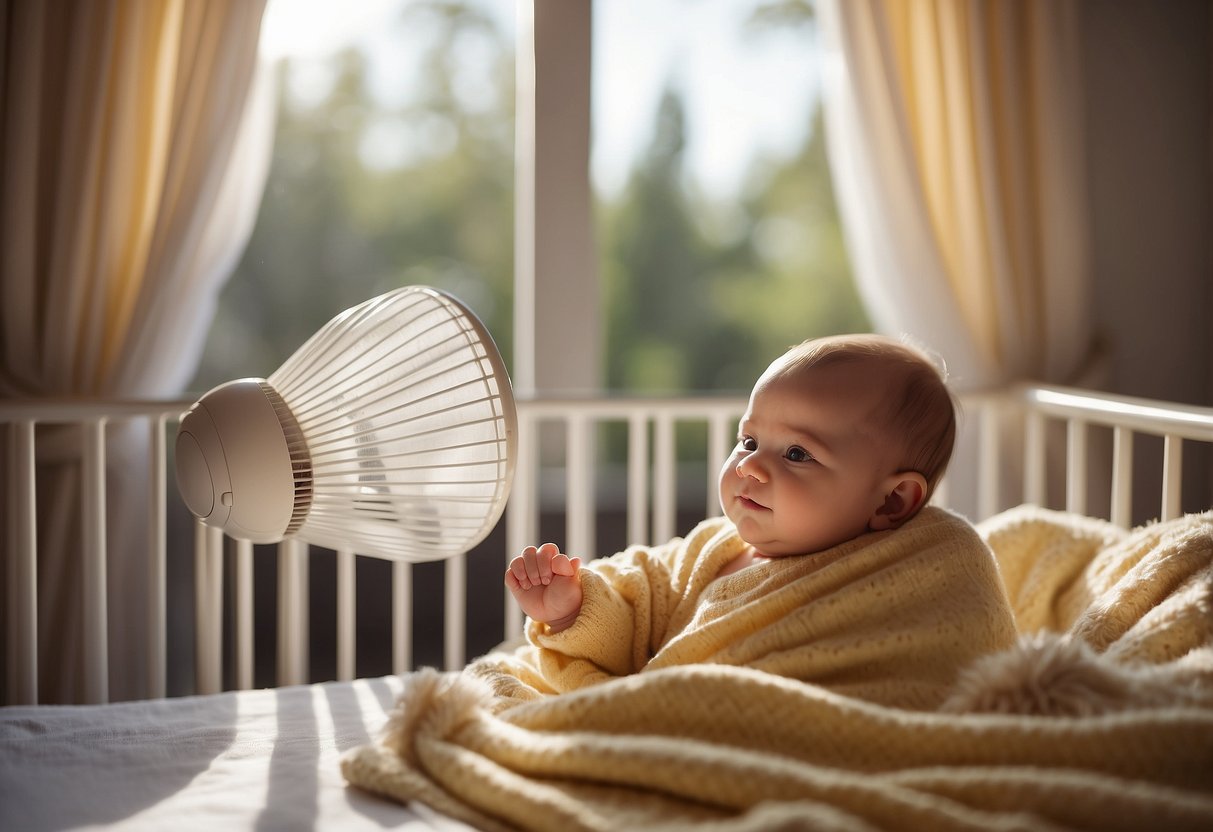 A baby lying in a crib, surrounded by a thermometer, swaddle blankets, and a fan. The room is comfortably warm, with a window cracked open for fresh air