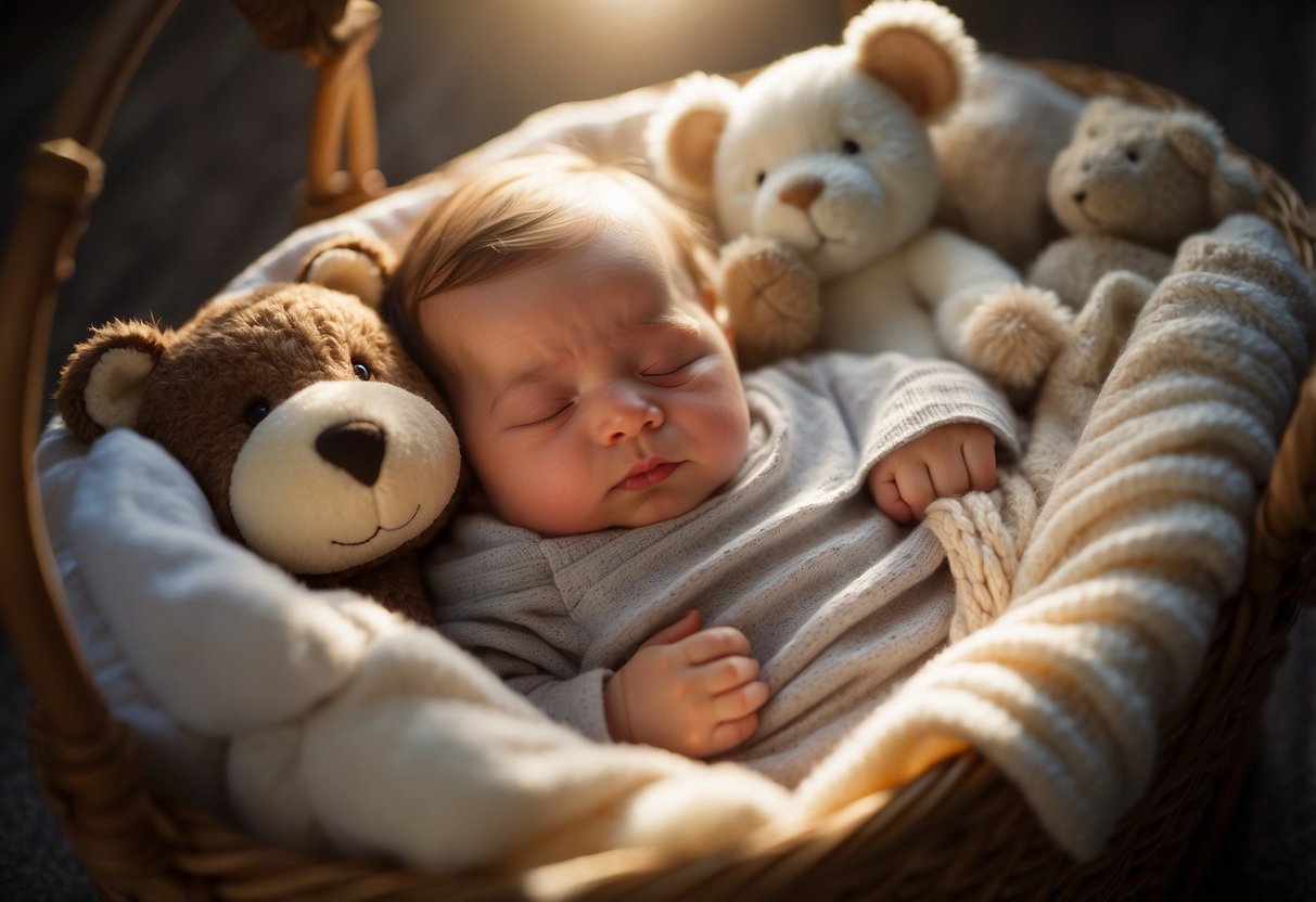 A peaceful newborn sleeps in a cozy bassinet, surrounded by soft blankets and stuffed animals. Sunlight streams through the window, casting a warm glow on the scene