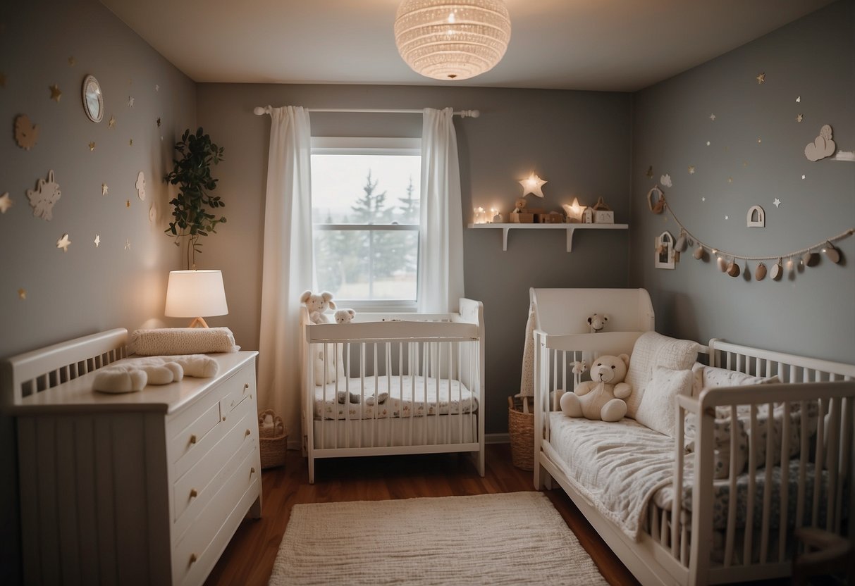 A cozy nursery with soft lighting, a rocking chair, and a mobile gently swaying above a sleeping crib. A white noise machine hums in the background, creating a peaceful atmosphere