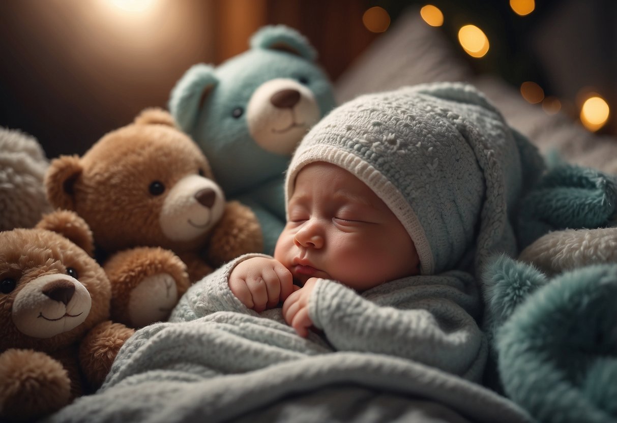 A cozy swaddle blanket envelops a peacefully sleeping newborn, surrounded by soft toys and a soothing mobile overhead