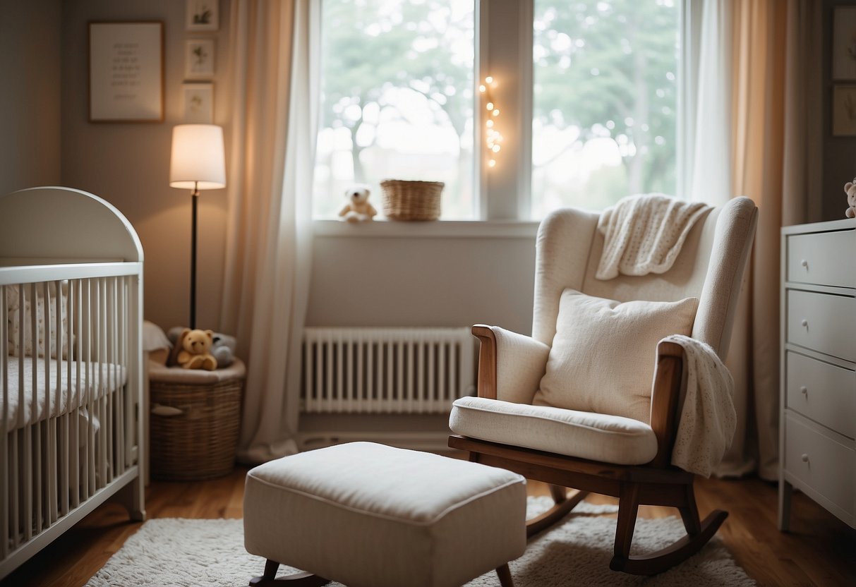 A peaceful nursery with soft lighting, a cozy rocking chair, and a gently swaying mobile above the crib. A stack of parenting books, including "White Noise 7 Secrets," sits on a nearby table