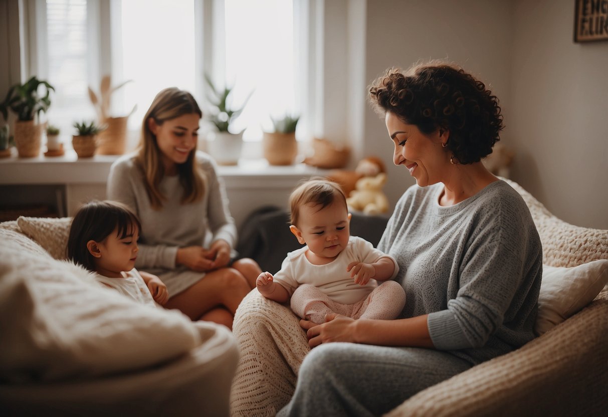 A mother sits in a cozy nursery, surrounded by helpful friends and family. They assist with feeding, changing, and soothing the newborn, creating a supportive and nurturing environment