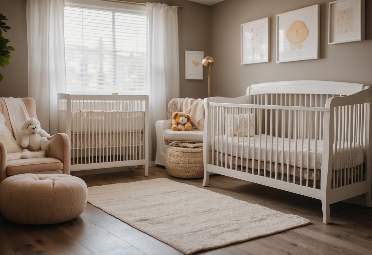 A cozy nursery with a crib, changing table, diaper pail, baby monitor, swaddle blankets, onesies, bottles, pacifiers, a rocking chair, and a mobile