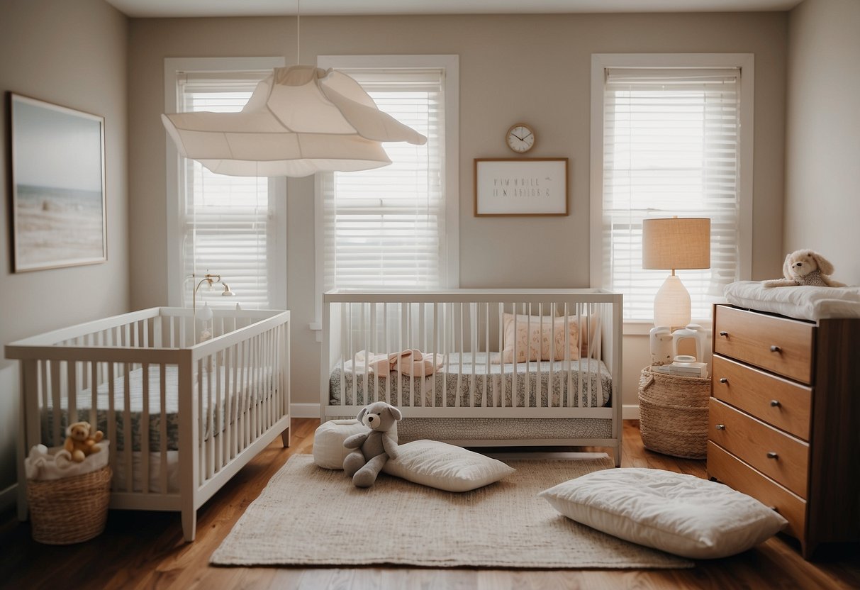 A cozy nursery with a DockATot Deluxe+ nestled in a corner, surrounded by essential newborn items like diapers, wipes, and a soothing sound machine