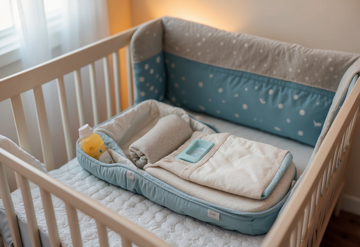 A baby crib with built-in sound machine, a diaper caddy, a portable changing pad, a nursing cover, a baby carrier with lumbar support, a bottle warmer, and a wipe warmer