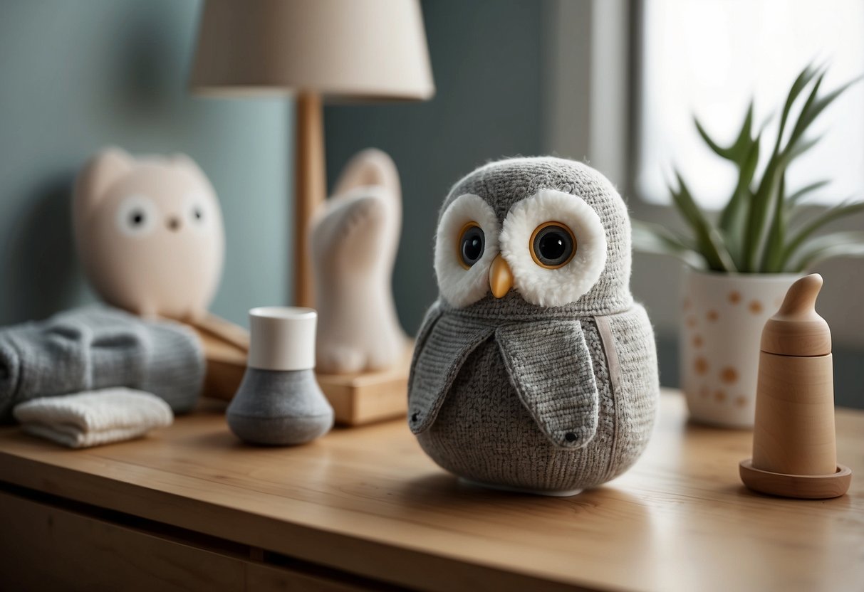 The Owlet Smart Sock 7 sits on a nursery dresser, surrounded by other newborn gear items. The soft, breathable fabric of the sock and its sleek, modern design stand out among the other baby essentials