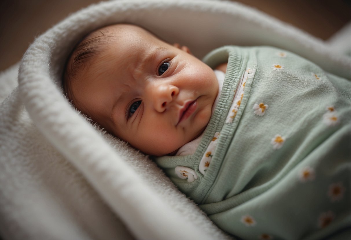 A baby lies peacefully in a Love To Dream Swaddle UP 7, surrounded by other essential newborn gear items. The swaddle gently cradles the baby, creating a sense of comfort and security