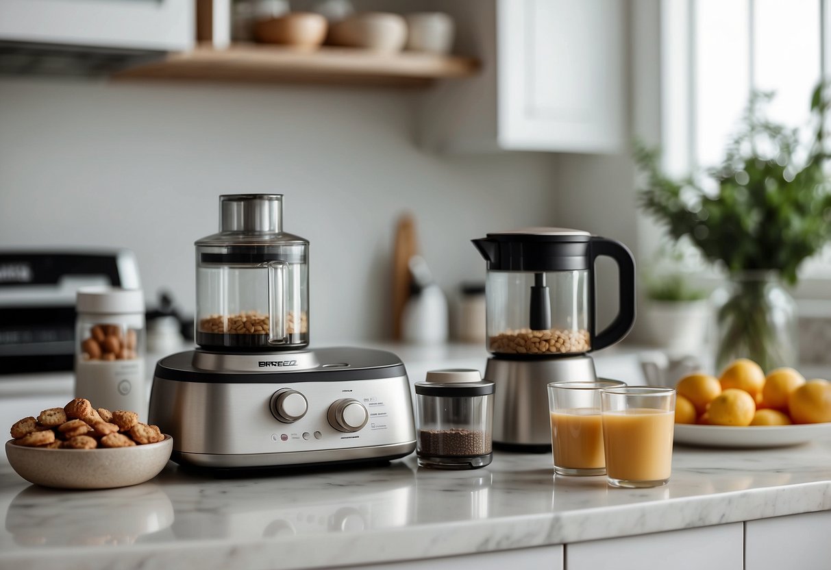 A modern kitchen counter with Baby Brezza Formula Pro 7 and other newborn gear items neatly organized nearby