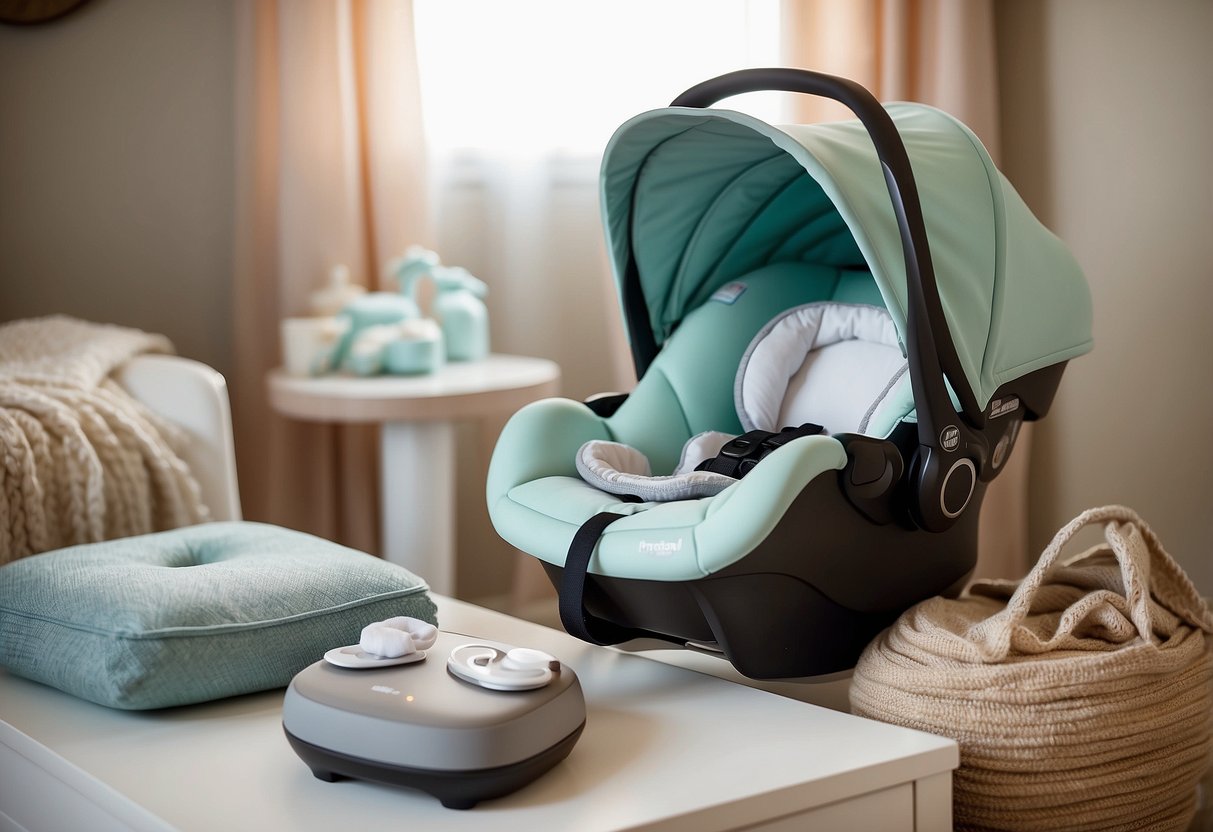 A cozy nursery with specialized newborn gear: a soothing sound machine, a gentle baby swing, a diaper caddy, a stylish nursing pillow, a portable changing pad, a breathable baby carrier, and a convenient bottle warmer