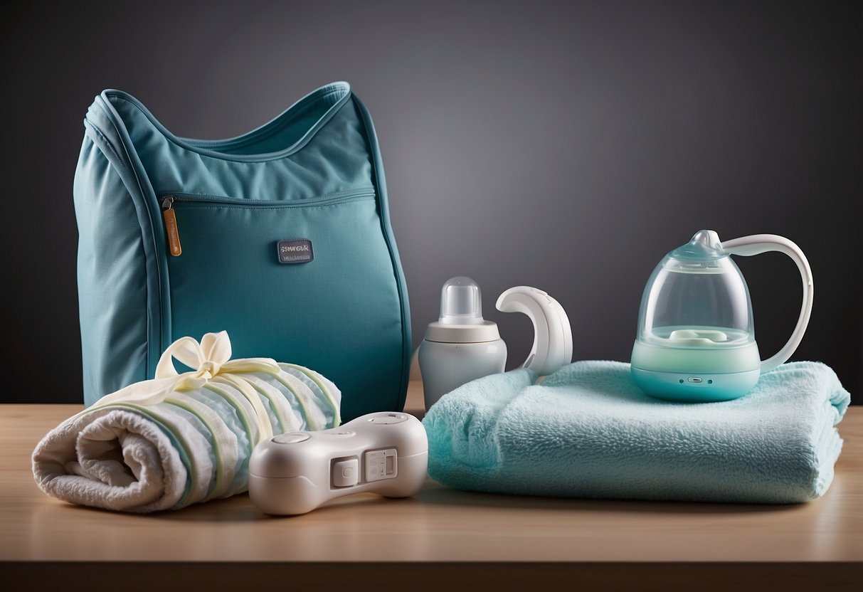 A table with various newborn gear items displayed: diapers, swaddle blankets, baby carrier, nursing pillow, baby monitor, bottle sterilizer, and diaper bag