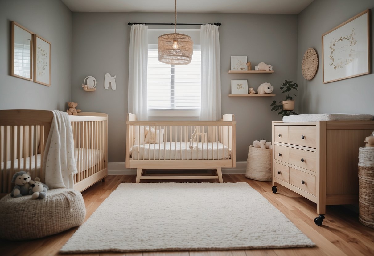 A cozy nursery with a crib, changing table, diaper pail, bottle warmer, and baby monitor