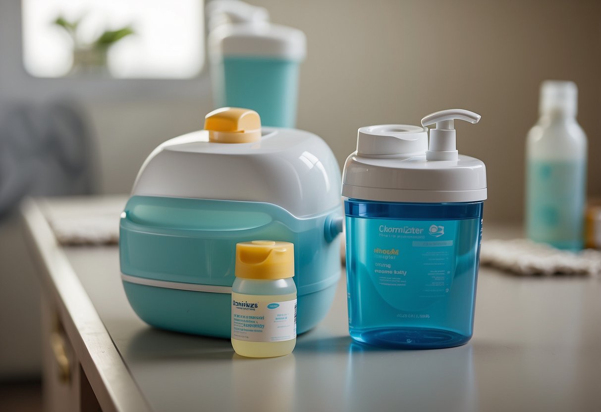 A clean, organized nursery with baby wipes, diapers, baby soap, and a diaper pail. A hand sanitizer dispenser is mounted on the wall