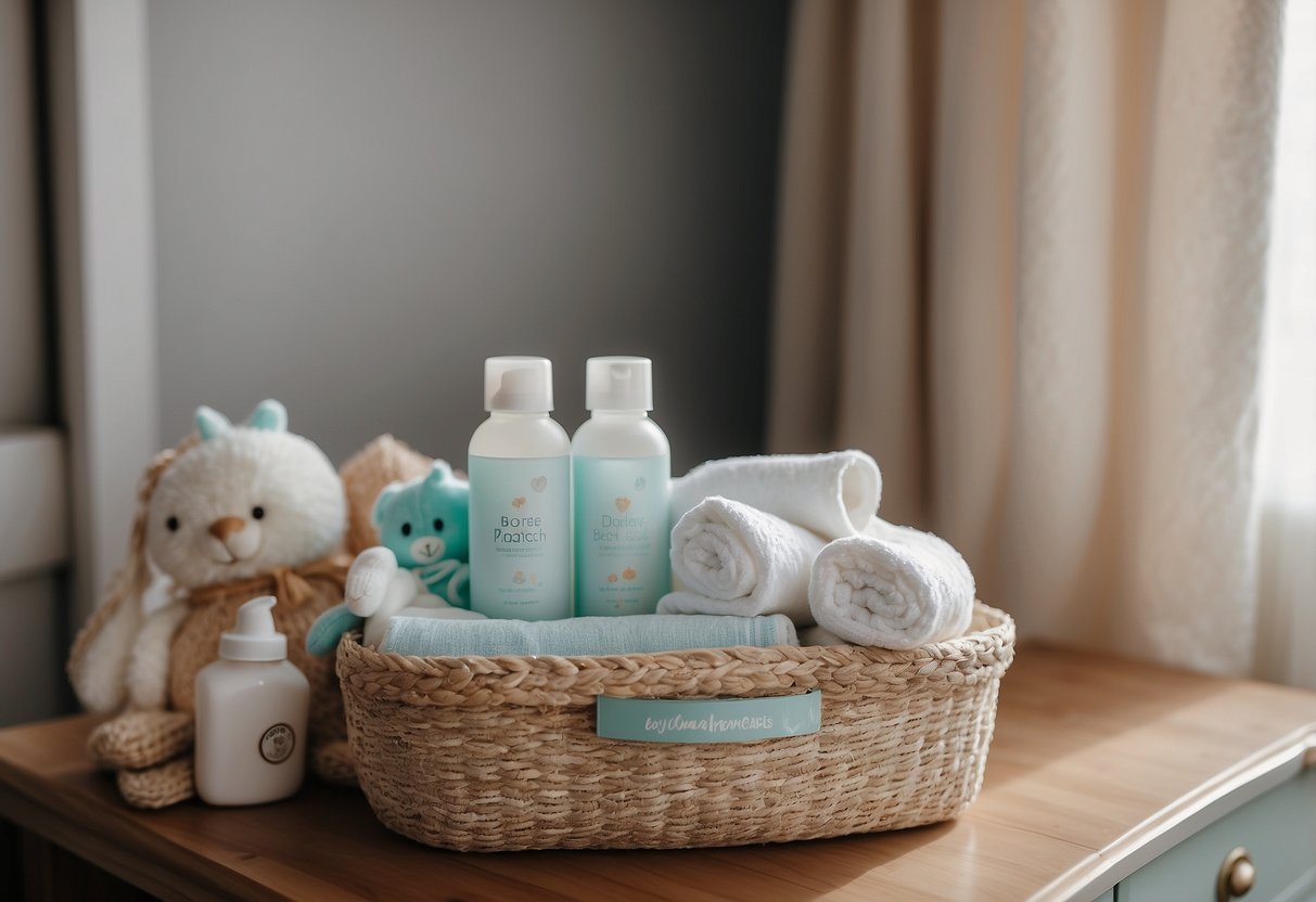 A cozy nursery with a changing table stocked with premium diapers, organic baby wipes, and luxurious baby lotion. A stylish diaper bag filled with high-quality pacifiers, a soothing white noise machine, and a plush, ergonomic baby carrier