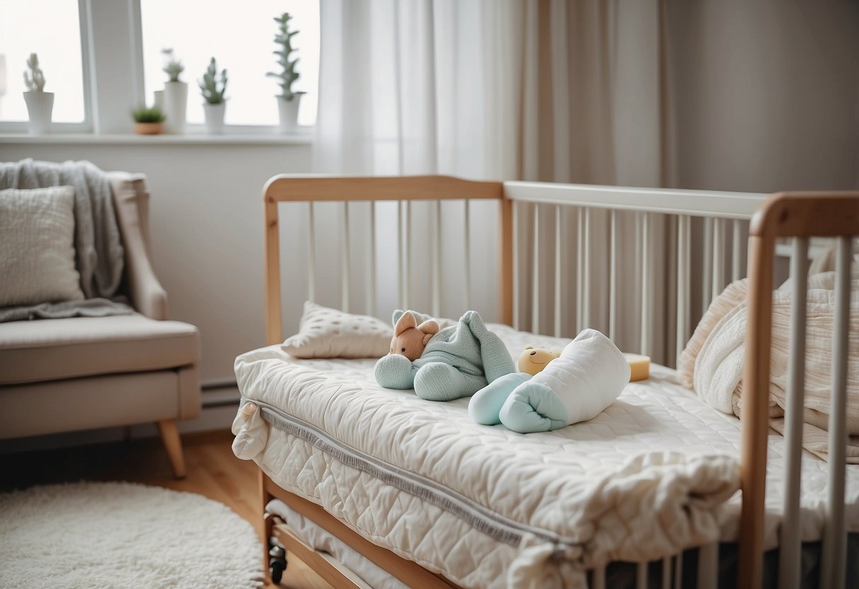 A crib with soft bedding, a diaper changing station, a baby monitor, bottles and formula, a cozy swaddle blanket, a soothing white noise machine, a gentle baby bathtub, a comfortable nursing pillow, a reliable stroller, and a variety of