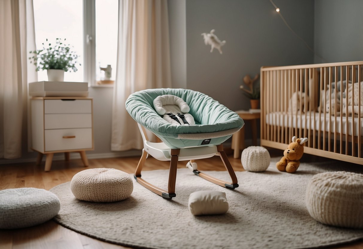 A cozy nursery with a BabyBjörn Bouncer Balance Soft surrounded by other newborn essentials like diapers, bottles, and blankets