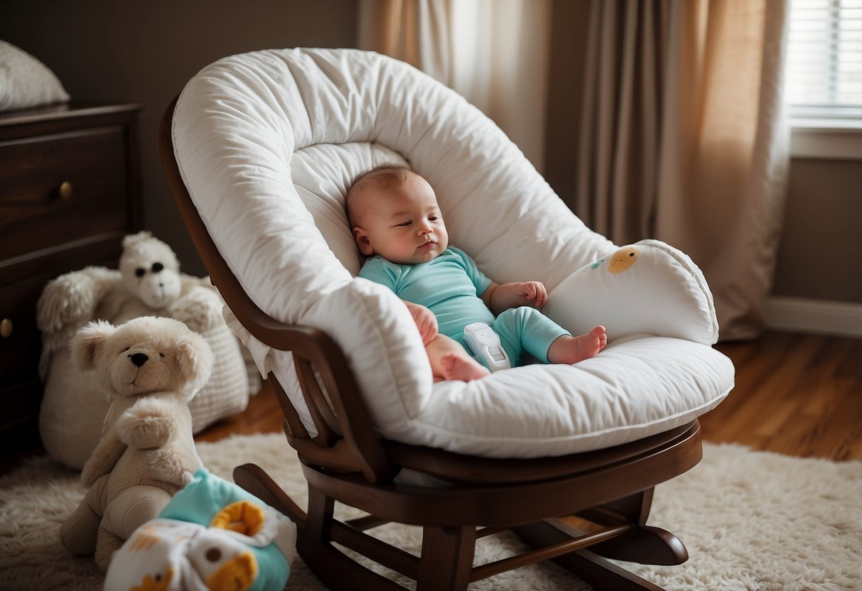 A cozy nursery with a Boppy Nursing Pillow on a rocking chair, surrounded by essential baby items like diapers, bottles, and a mobile