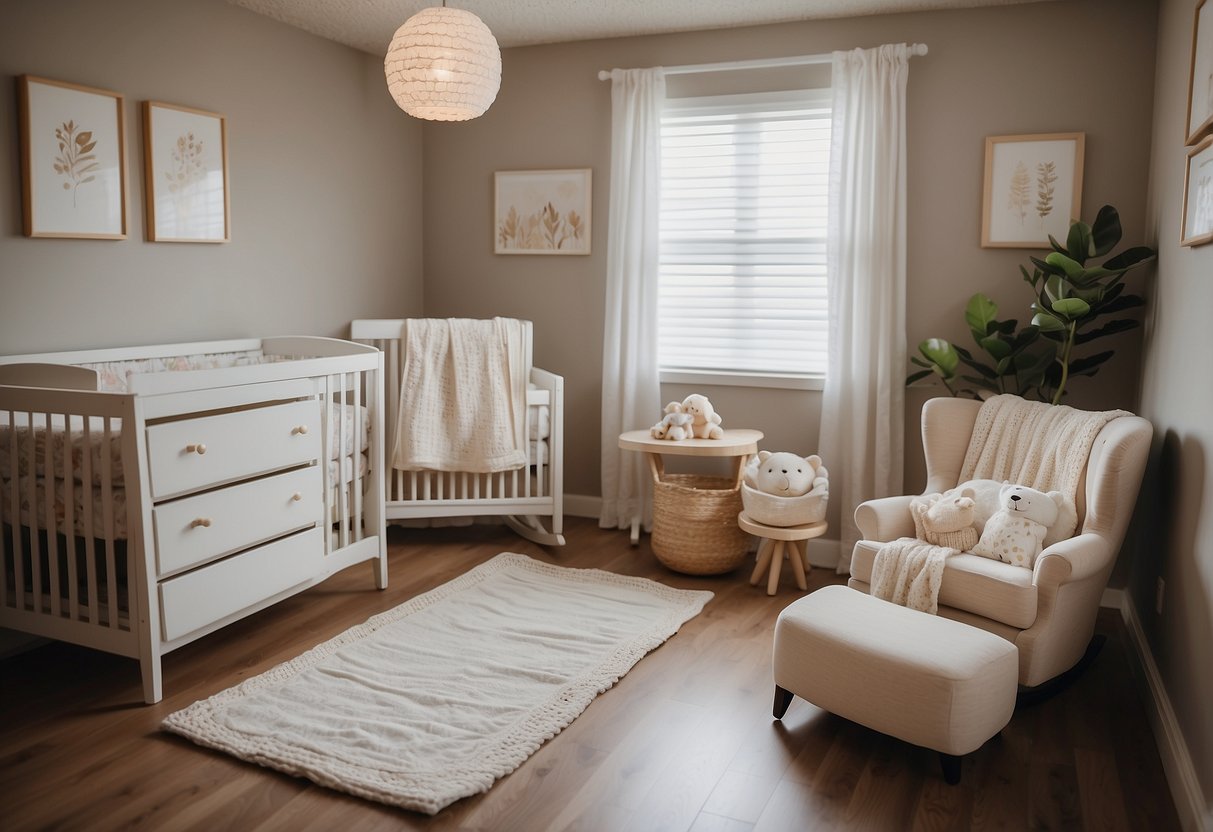 A cozy nursery with a crib, changing table, diaper pail, baby monitor, swaddle blankets, onesies, and a rocking chair