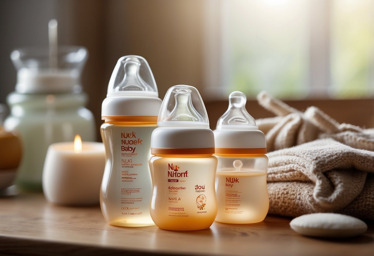 A collection of NUK Simply Natural baby bottles surrounded by budget-friendly newborn essentials