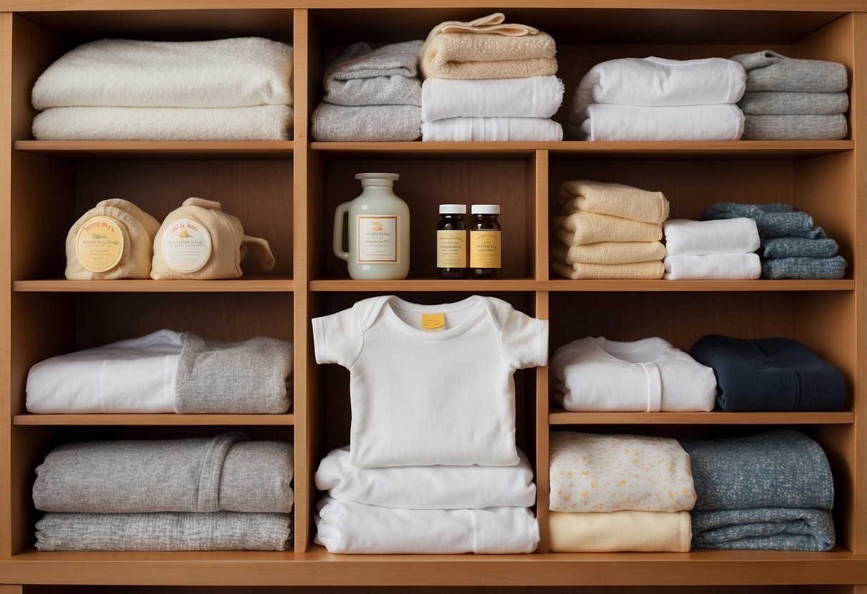 A stack of Burt's Bees Baby Organic Cotton Onesies, surrounded by other newborn essentials on a budget-friendly shelf