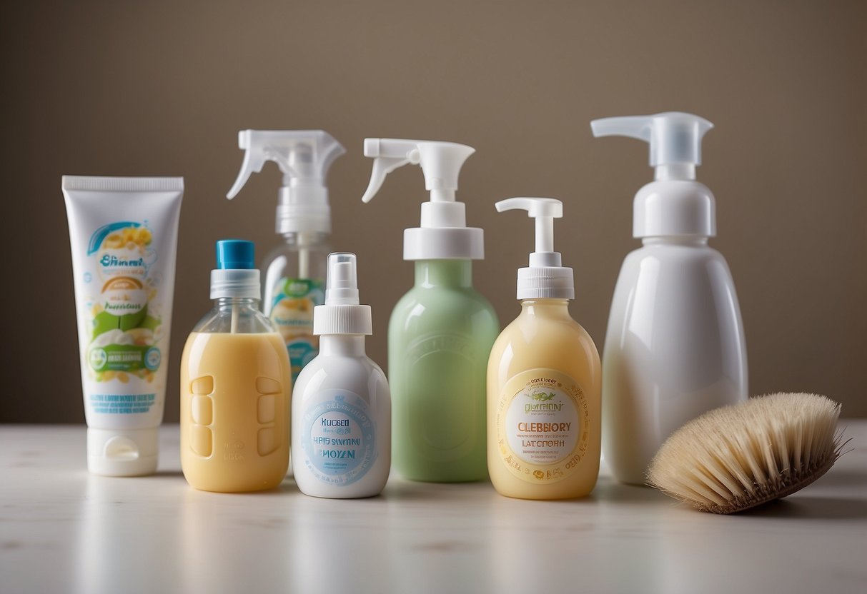 A cleaning brush hovers over a Munchkin Latch bottle, surrounded by other newborn essentials on a budget-friendly display