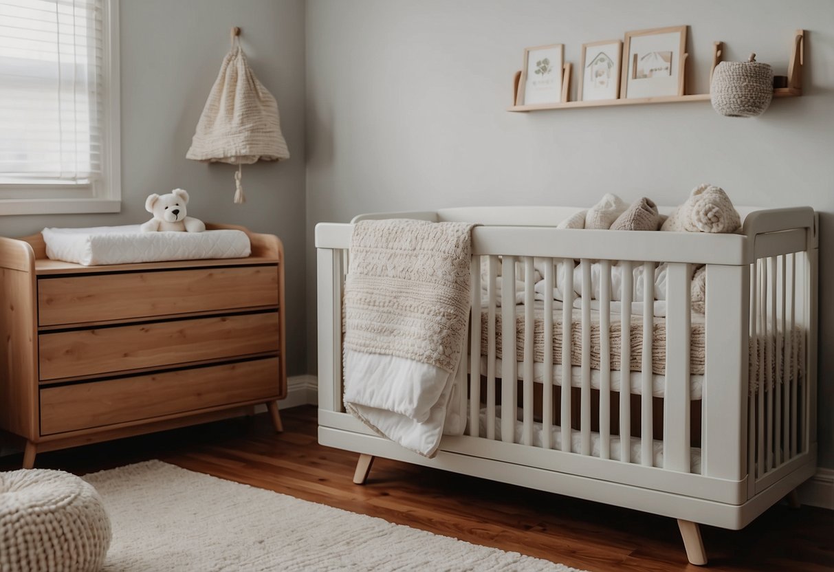 A cozy nursery with a crib, changing table, and storage bins. A stack of soft blankets, onesies, diapers, and baby wipes on a budget-friendly dresser