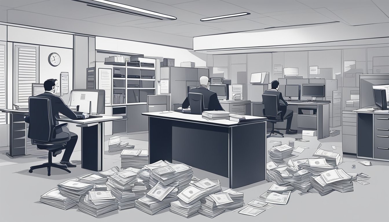 The bank heist scene includes a chaotic room with scattered papers, open safes, and a computer screen displaying "Frequently Asked Questions."