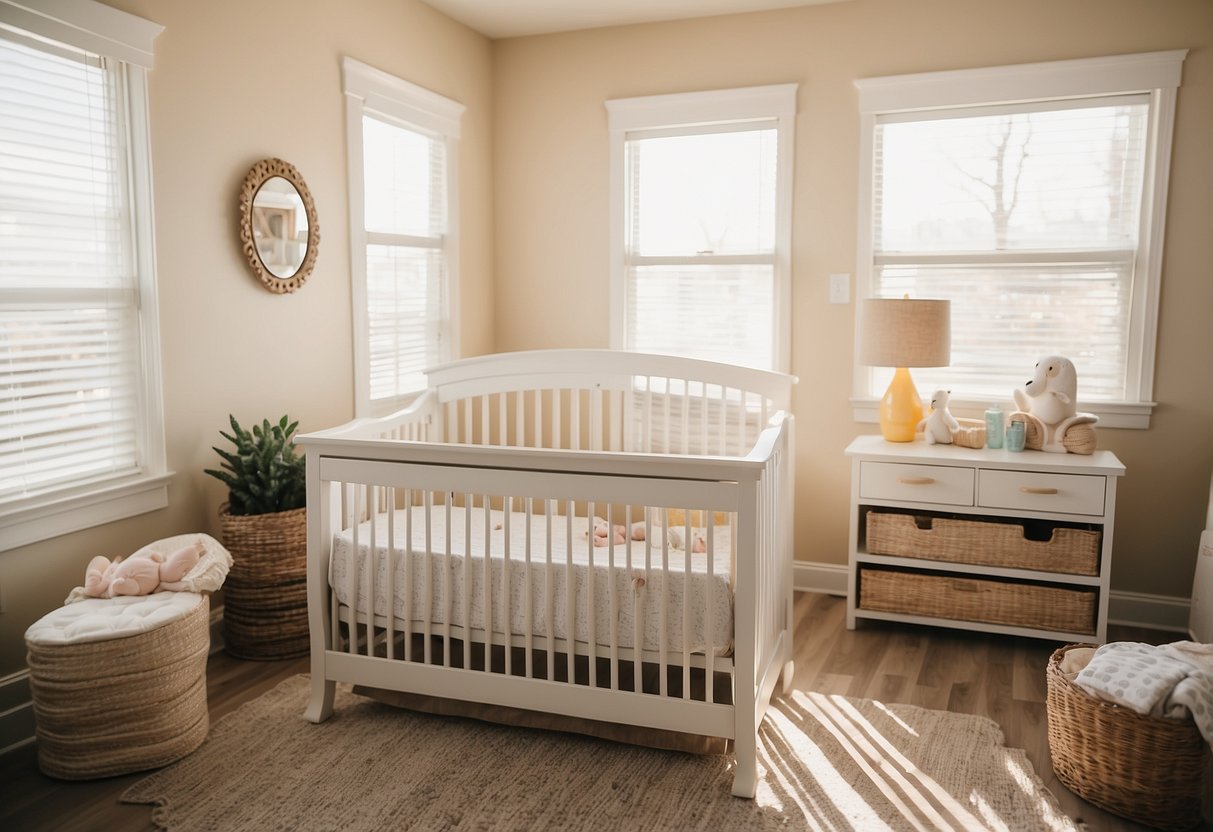 A bright, cozy nursery with a crib, changing table, and shelves stocked with innovative newborn products like a swaddle blanket, baby monitor, and diaper pail. Sunshine streams through the window, highlighting the convenience and comfort of early adoption