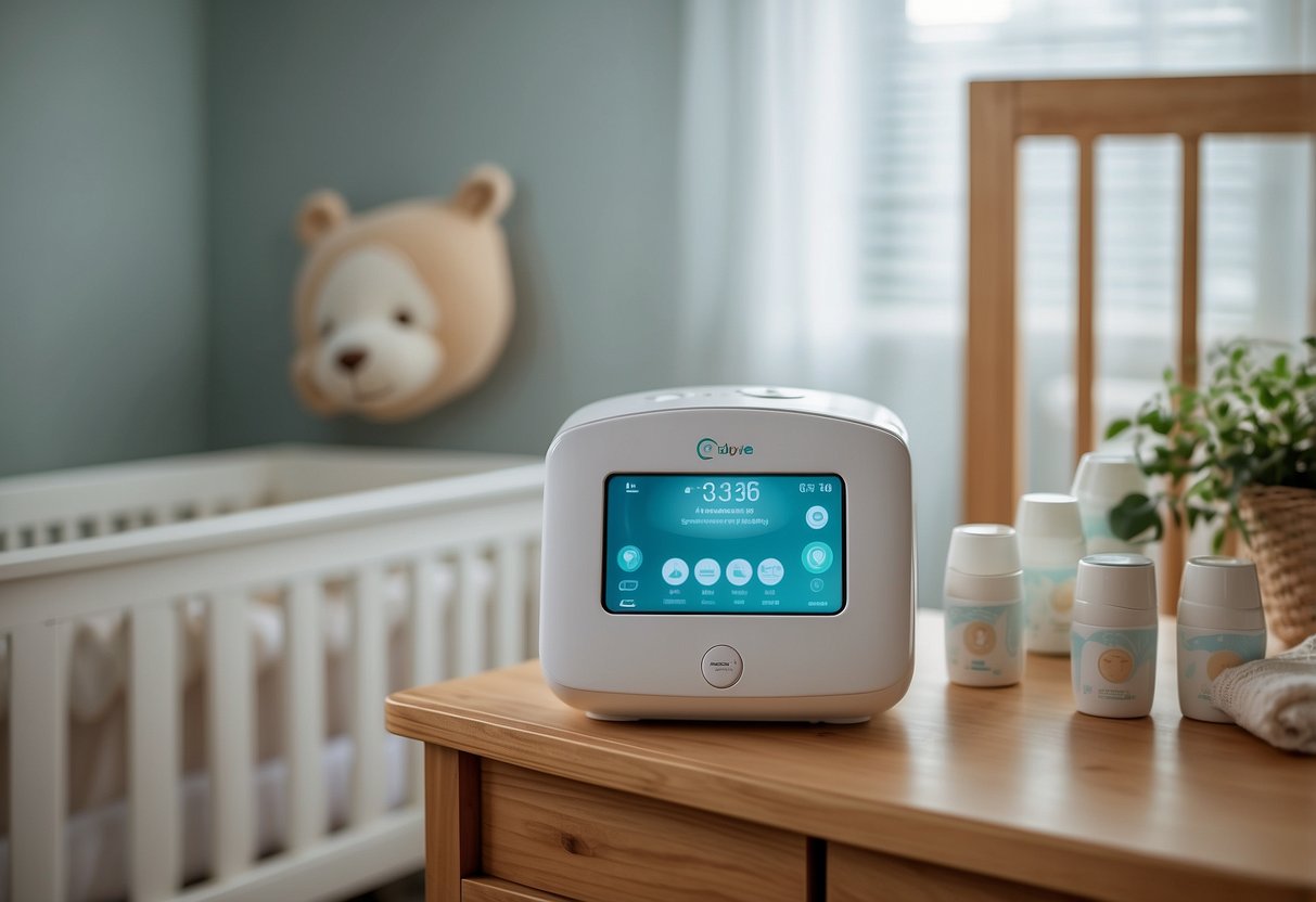 A clean, organized nursery with baby-safe products neatly arranged. A diaper pail, bottle sterilizer, and baby monitor are visible