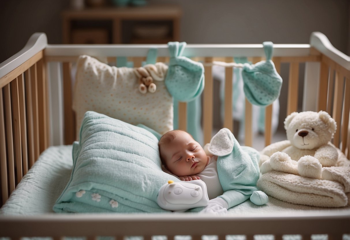 A baby crib surrounded by highly-rated newborn care items, such as a diaper bag, swaddle blankets, a baby monitor, and a nursing pillow