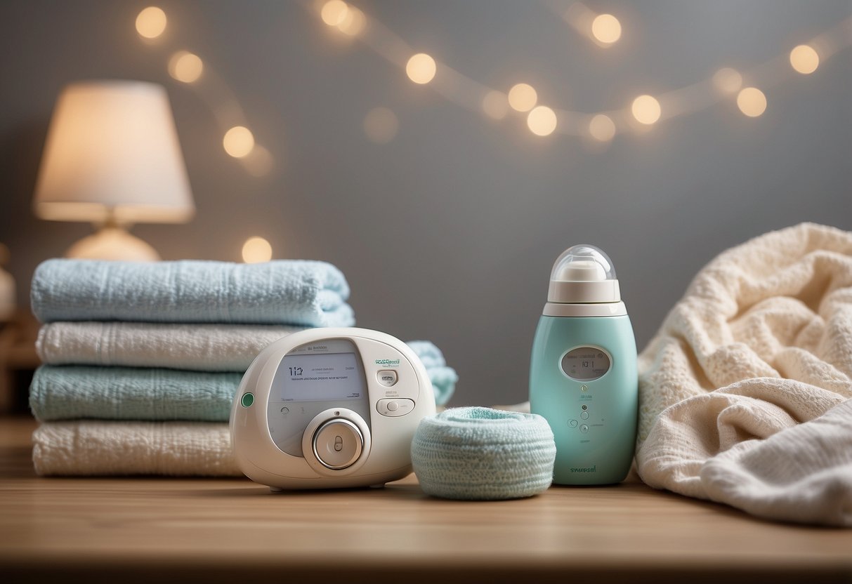 A collection of top-rated newborn care items displayed on a clean, neutral background, including a baby monitor, swaddle blankets, diapers, and baby lotion