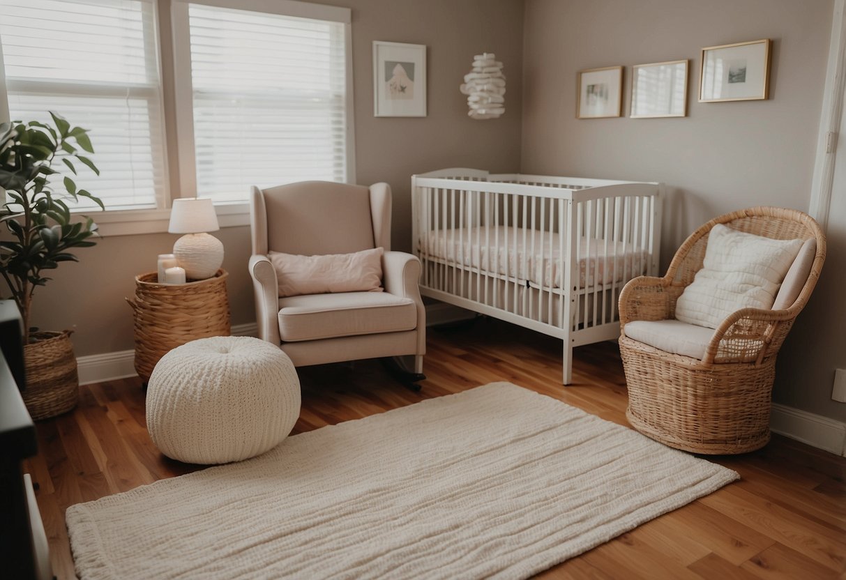 A cozy nursery with a crib, changing table, rocking chair, baby monitor, diapers, wipes, onesies, swaddle blankets, bottles, and a soothing mobile