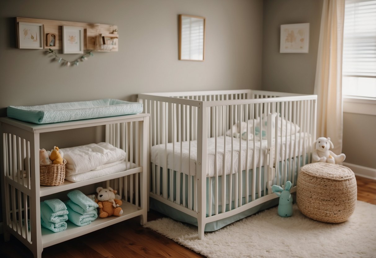 A cozy nursery with a changing table stocked with Pampers Swaddlers Diapers, a crib with soft bedding, a soothing nightlight, and a stack of essential baby care items nearby