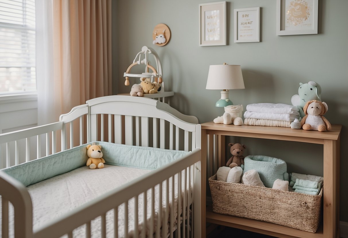 A baby's room with a crib, changing table, and shelves stocked with baby essentials. The Owlet Smart Sock Baby Monitor is visible on the crib