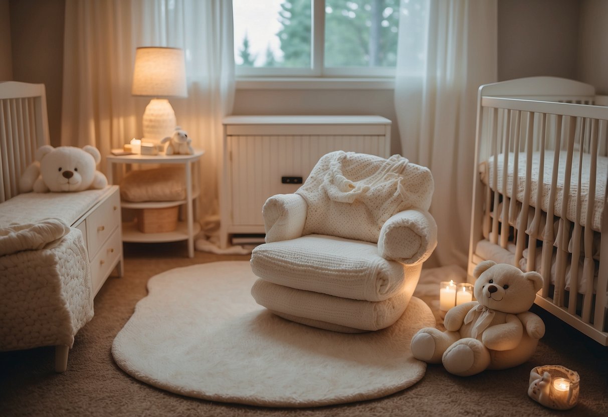 A cozy nursery with soft lighting, a rocking chair, crib, changing table, diaper pail, baby monitor, swaddle blankets, onesies, diapers, and a soothing sound machine