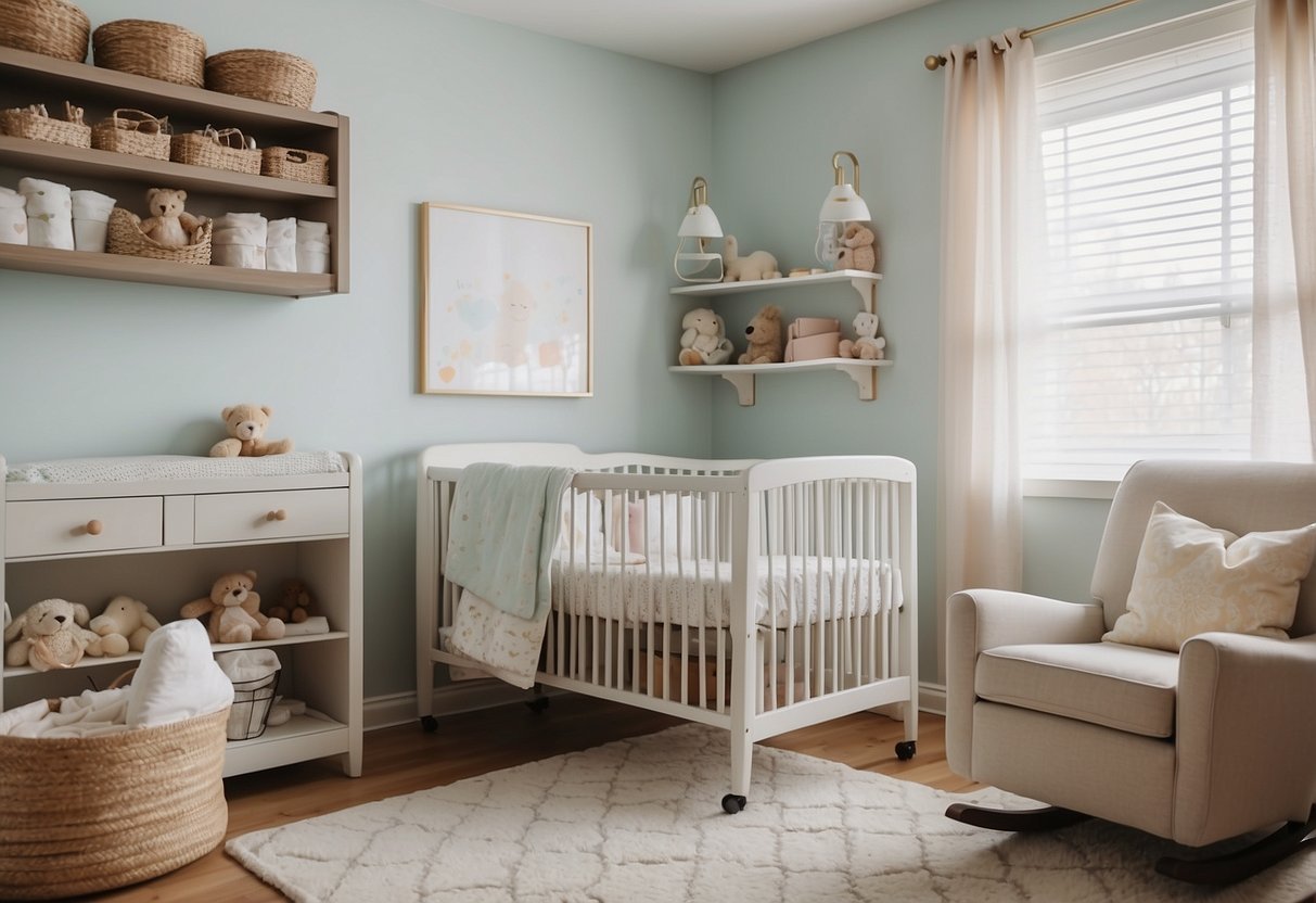 A cozy nursery with a changing table, crib, and rocking chair. Diapers, wipes, bottles, and a baby monitor are neatly organized on shelves. Soft, pastel colors create a soothing atmosphere