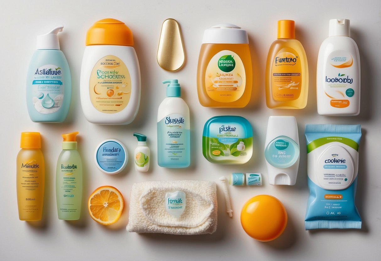 A collection of 7 essential newborn care products arranged on a clean, white surface. Items include diapers, wipes, baby lotion, and a thermometer. Bright, natural lighting highlights the products