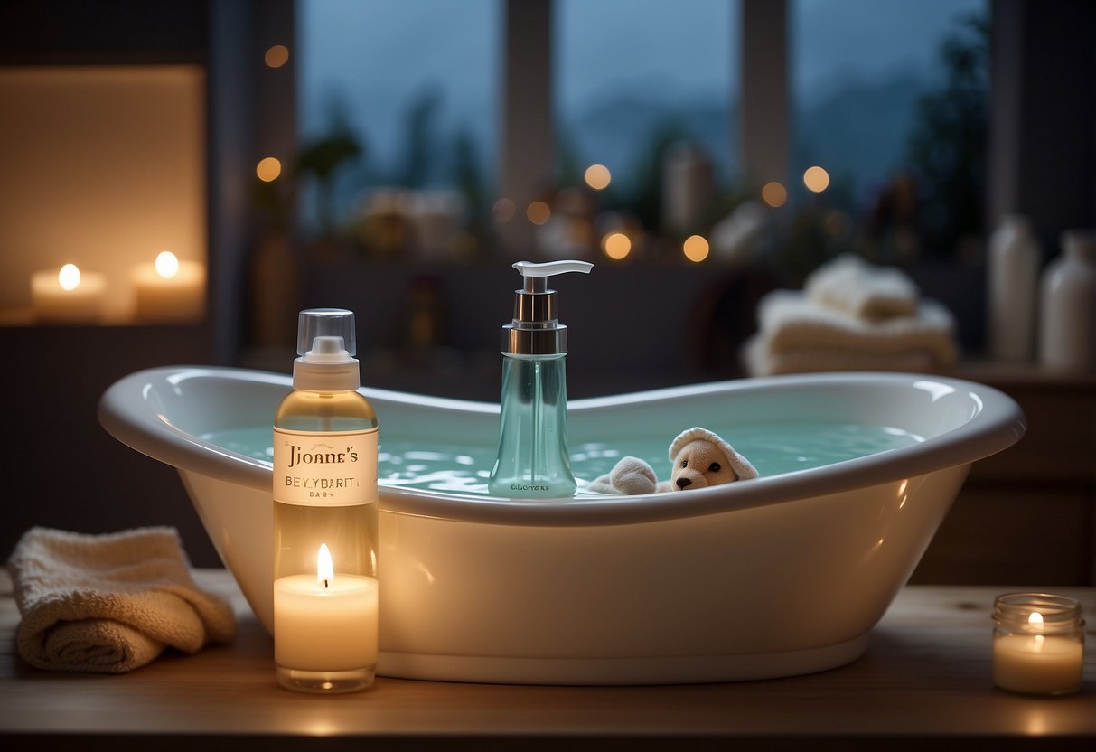 A cozy, dimly lit bathroom with a bathtub filled with warm, sudsy water. A bottle of Johnson's Moisturizing Bedtime Baby Bath sits on the edge, surrounded by other newborn care products