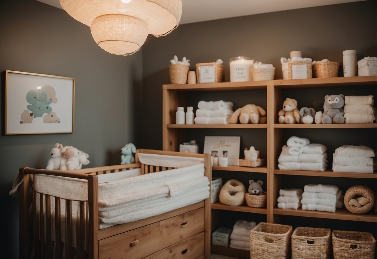 A cozy nursery with shelves of quality newborn care products, including gentle lotions, soft blankets, and organic diapers. A warm, inviting atmosphere with natural light streaming in