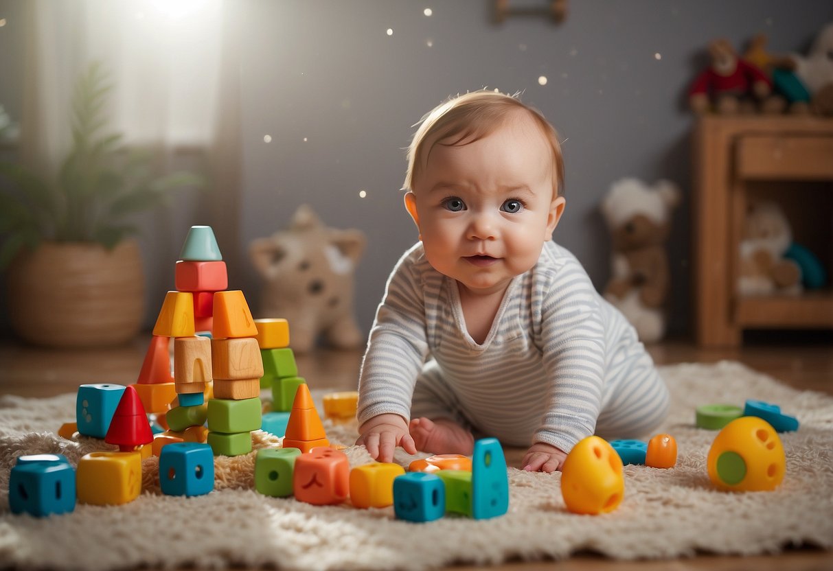 A baby's first steps, reaching for objects, babbling, and crawling are important milestones in the first year. These moments of growth and development can be depicted with toys, a baby blanket, and a milestone chart