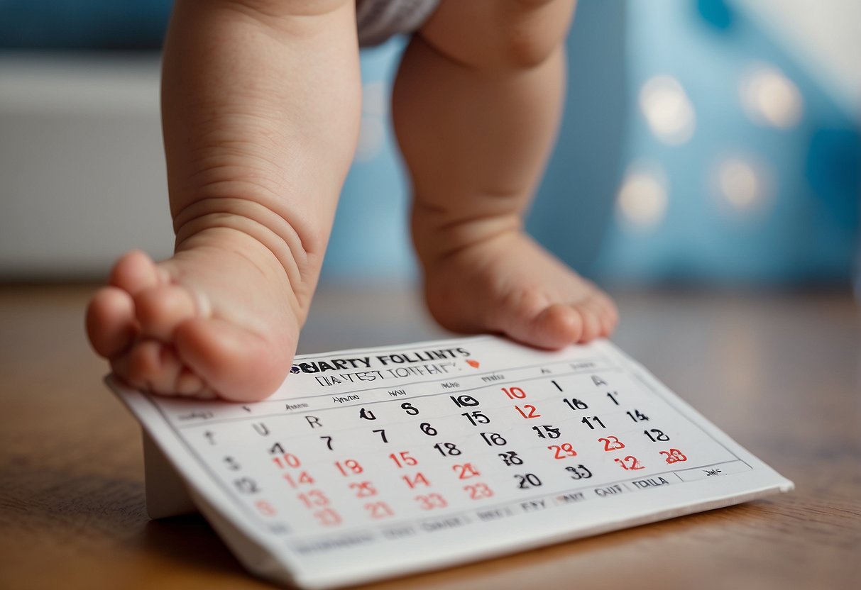 A baby's tiny foot kicks up, waving goodbye. A calendar with "10 Infant Milestones" is in the background