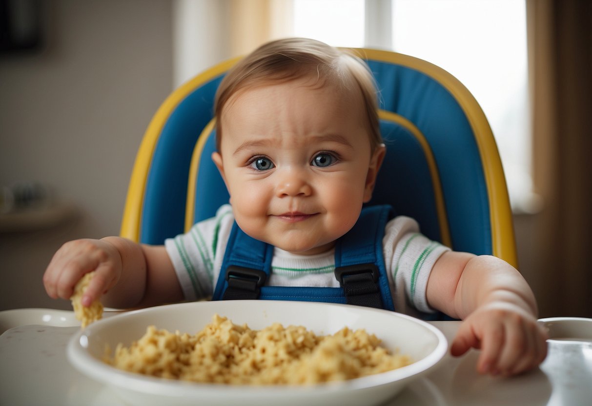 A baby sits in a high chair, eagerly grabbing and tasting solid food with a messy face. Nearby, a caregiver watches with delight