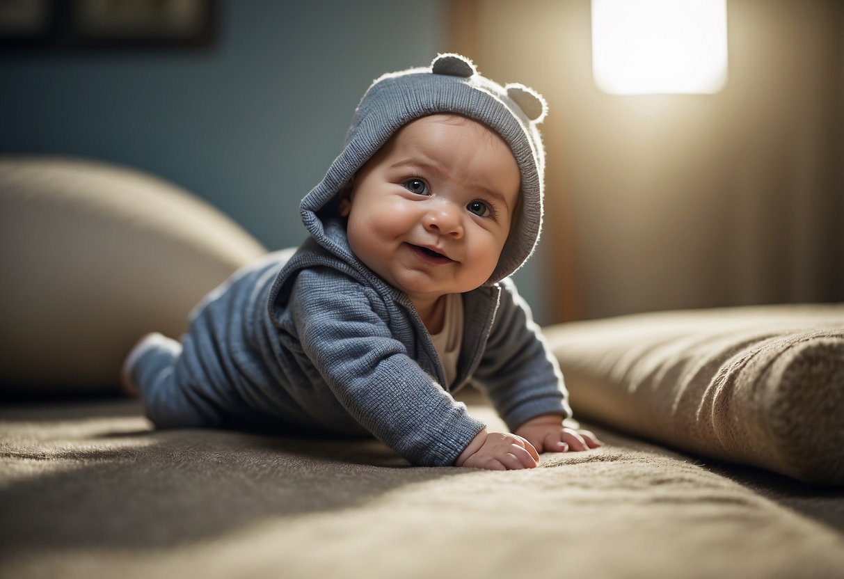 A baby's first steps, a reaching hand, a babbling mouth, a curious gaze, a playful crawl, a joyful giggle, and a peaceful sleep