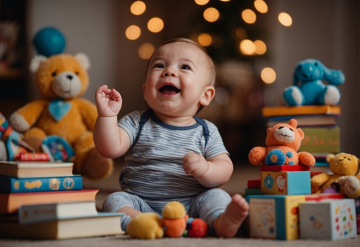 A baby sitting up and laughing, surrounded by toys and books. The baby is reaching for a toy and showing signs of excitement and joy