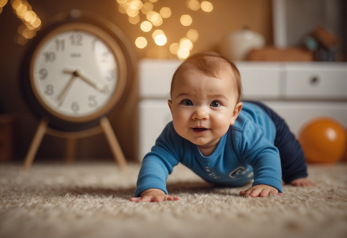 A baby crawling on all fours, reaching for a toy. Objects scattered around the room. A clock showing 10 months. Seven milestone markers in the background