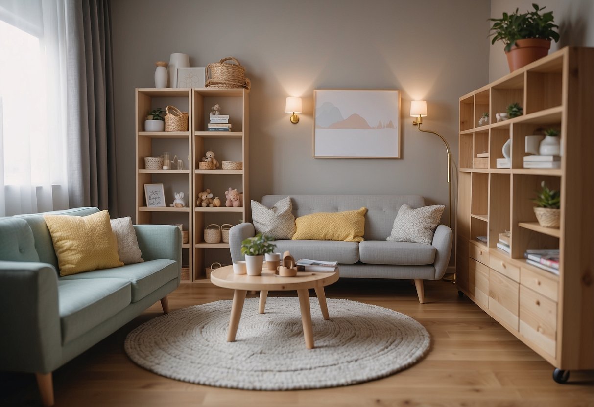 A small room with a variety of furniture, including a couch, table, and chair. The furniture is sturdy and stable, providing support for a baby who is learning to stand and hold on