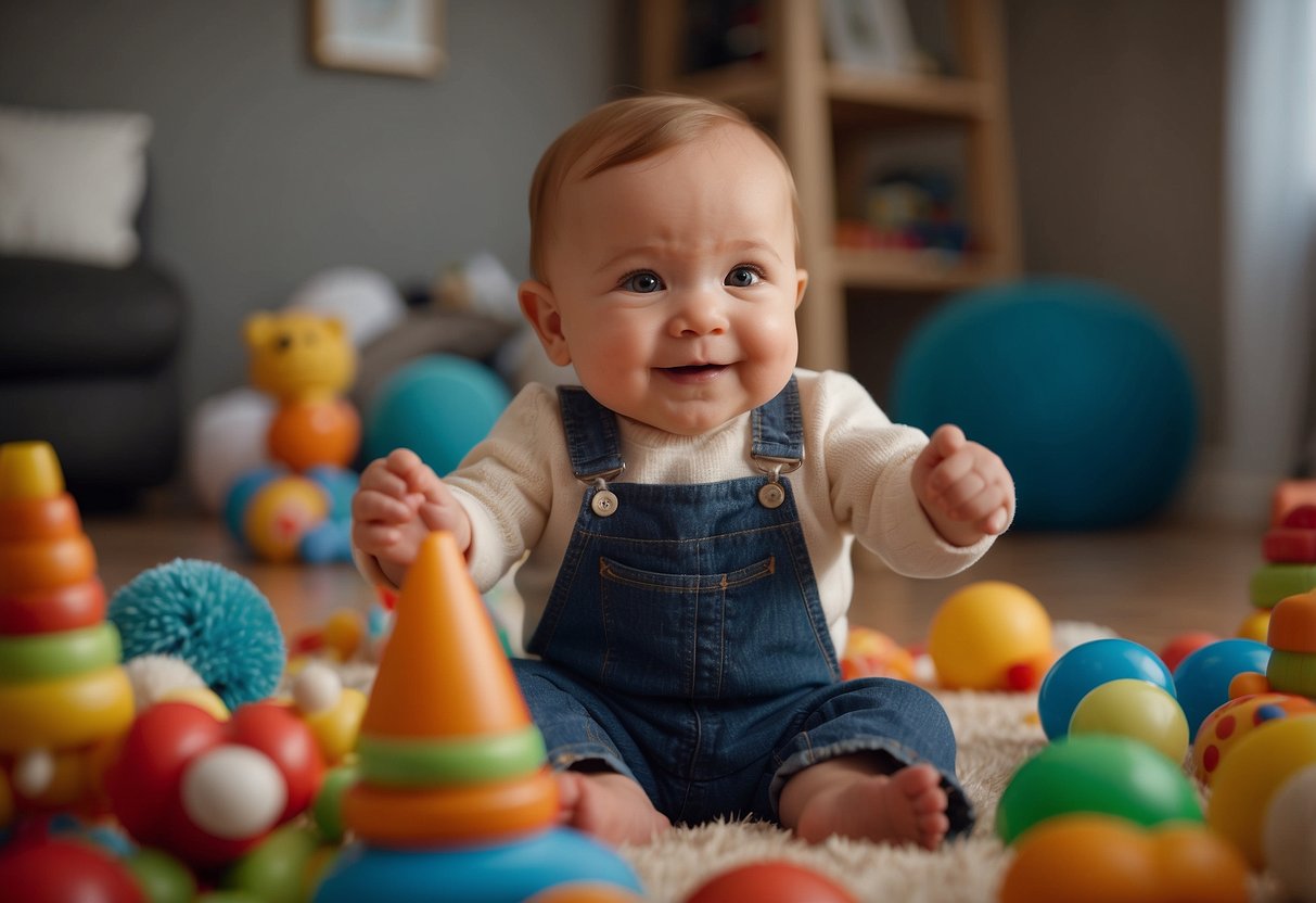 A baby sits surrounded by toys, reaching for objects and smiling. Nearby, a parent watches with delight as the baby shows signs of hitting their milestones on schedule