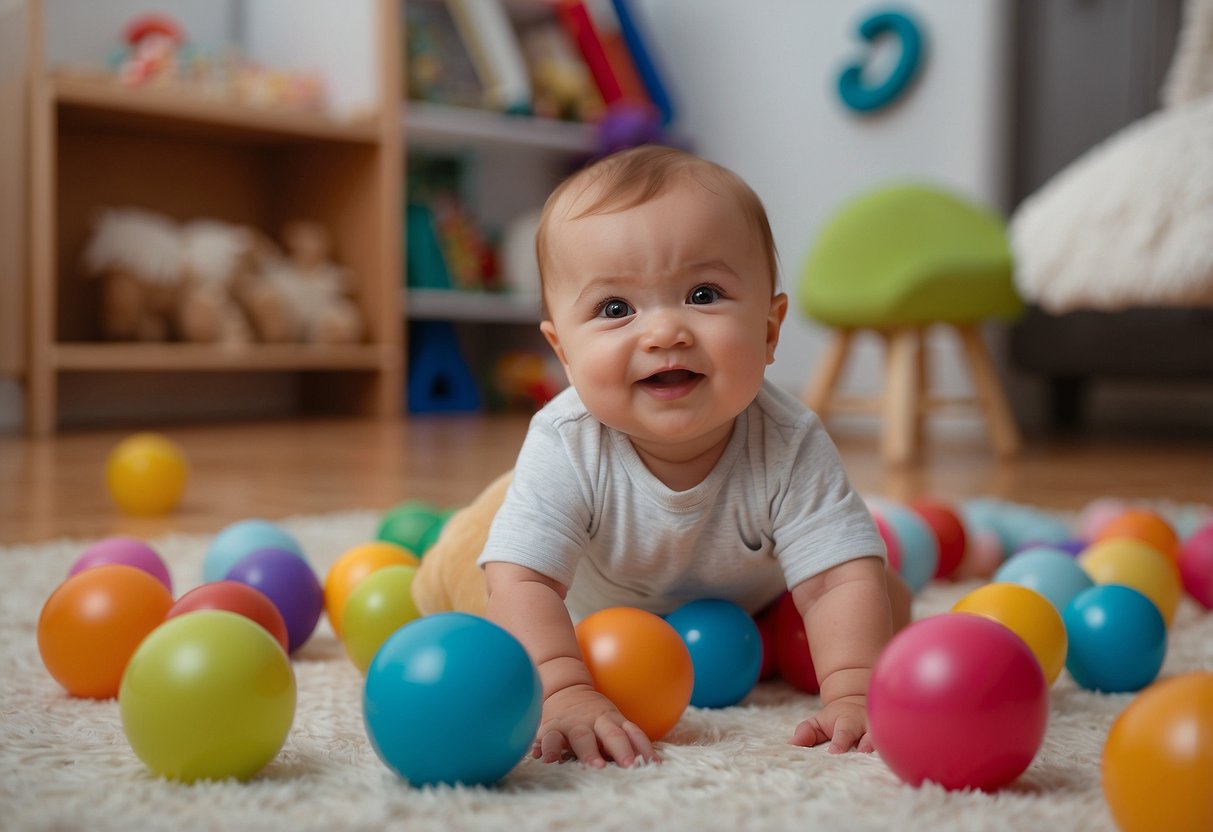 An infant reaching for a toy, rolling over, babbling, sitting up, and grasping objects in a colorful, playful nursery setting