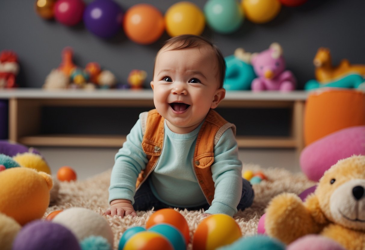 A baby's first laugh, surrounded by toys and colorful objects, with a milestone checklist in the background