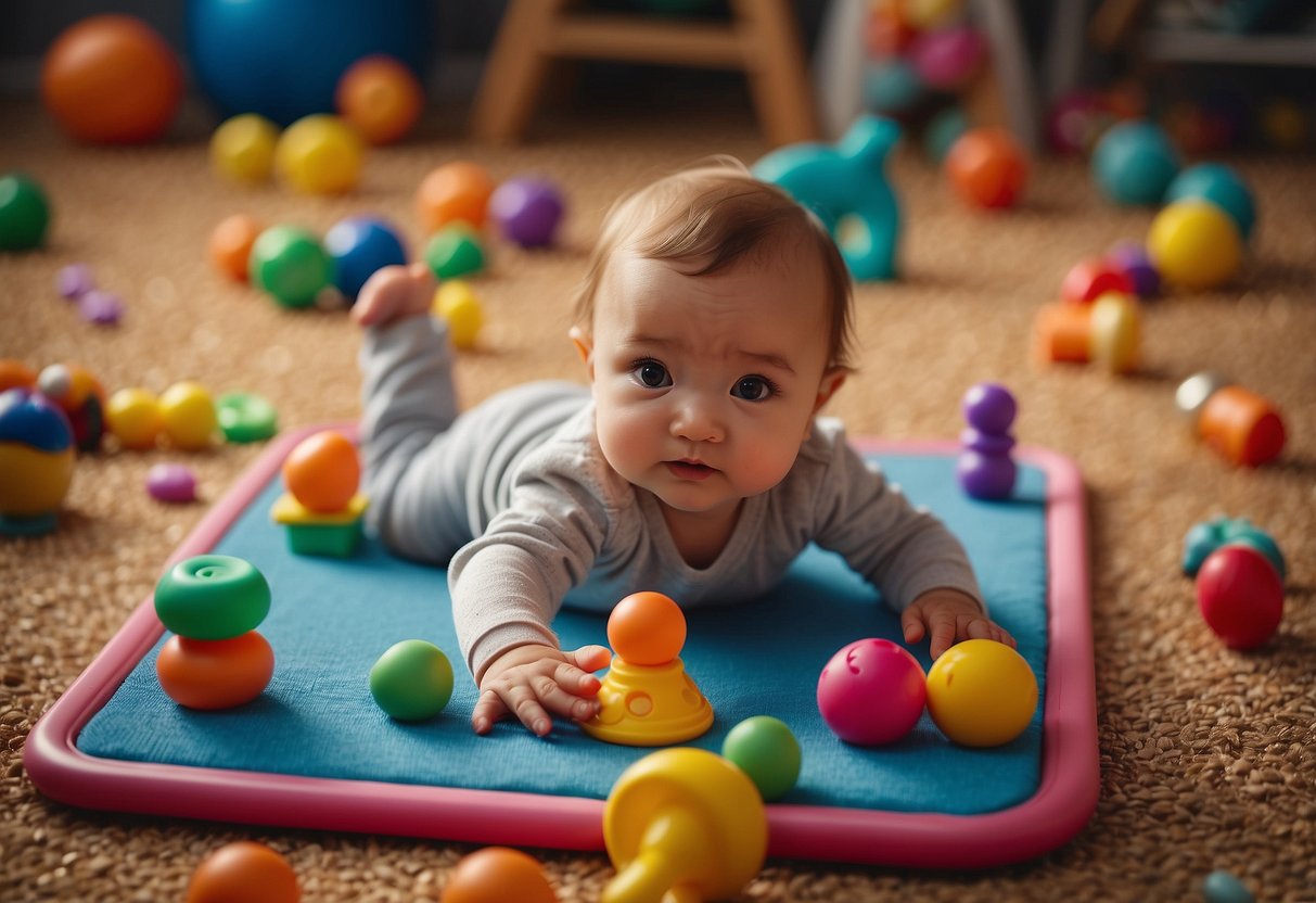 A baby's hand reaching for objects on a colorful play mat, surrounded by toys and rattles. The baby is exploring and grasping different items with curiosity and determination